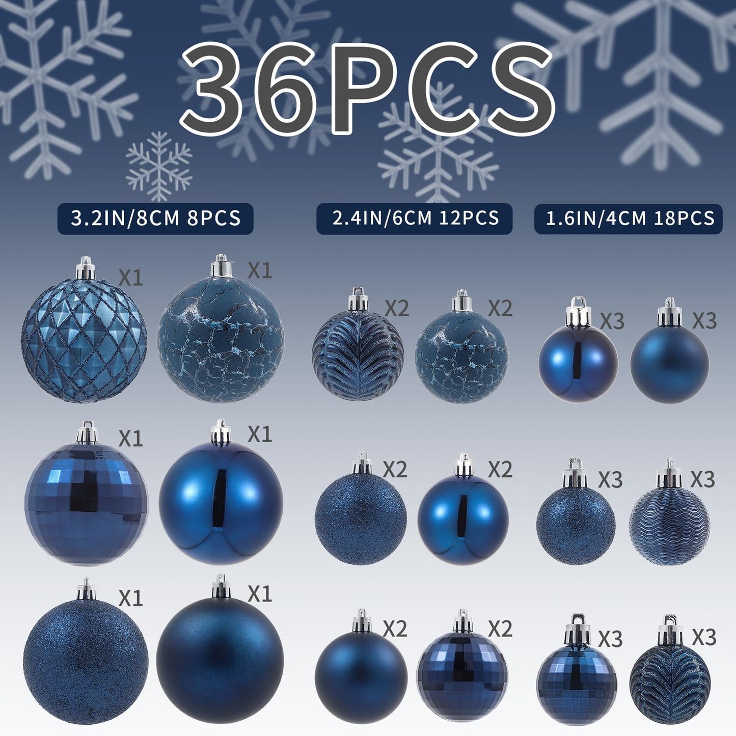 LANGXUN 36pcs Midnight Blue Christmas Tree Decorations Balls, Bolas De Navidad, 2025 Christmas Decor, Indoor Outdoor Shatterproof Christmas Ornaments, Xmars Party Wedding Suppiles