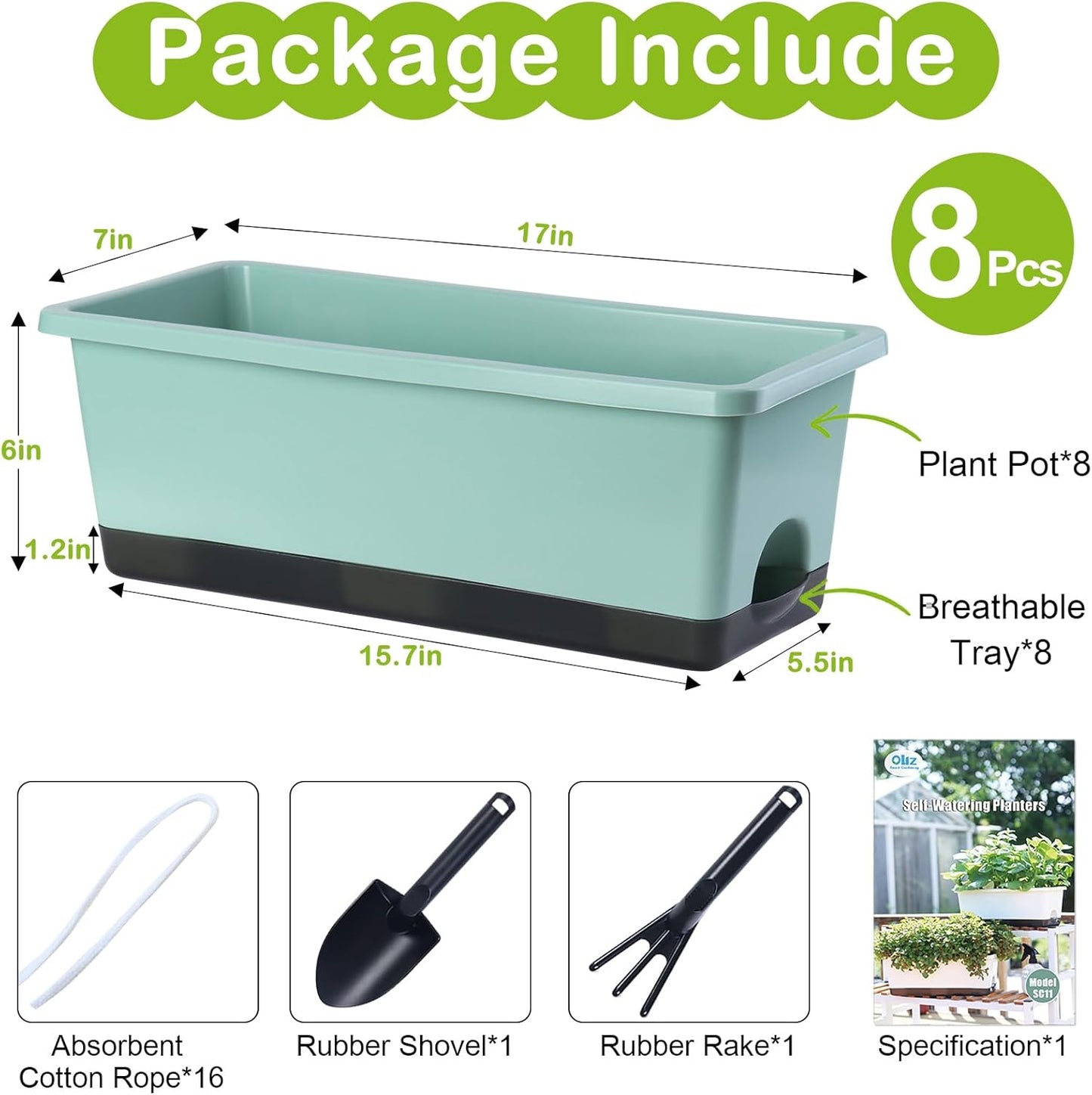 Window Box Planter 8 Pcs, 17 Inches Rectangle Flower Pots with Drainage Holes and Trays, Vegetable Planters for Windowsill Patio Garden Balcony Home Porch Yard Indoor Outdoor