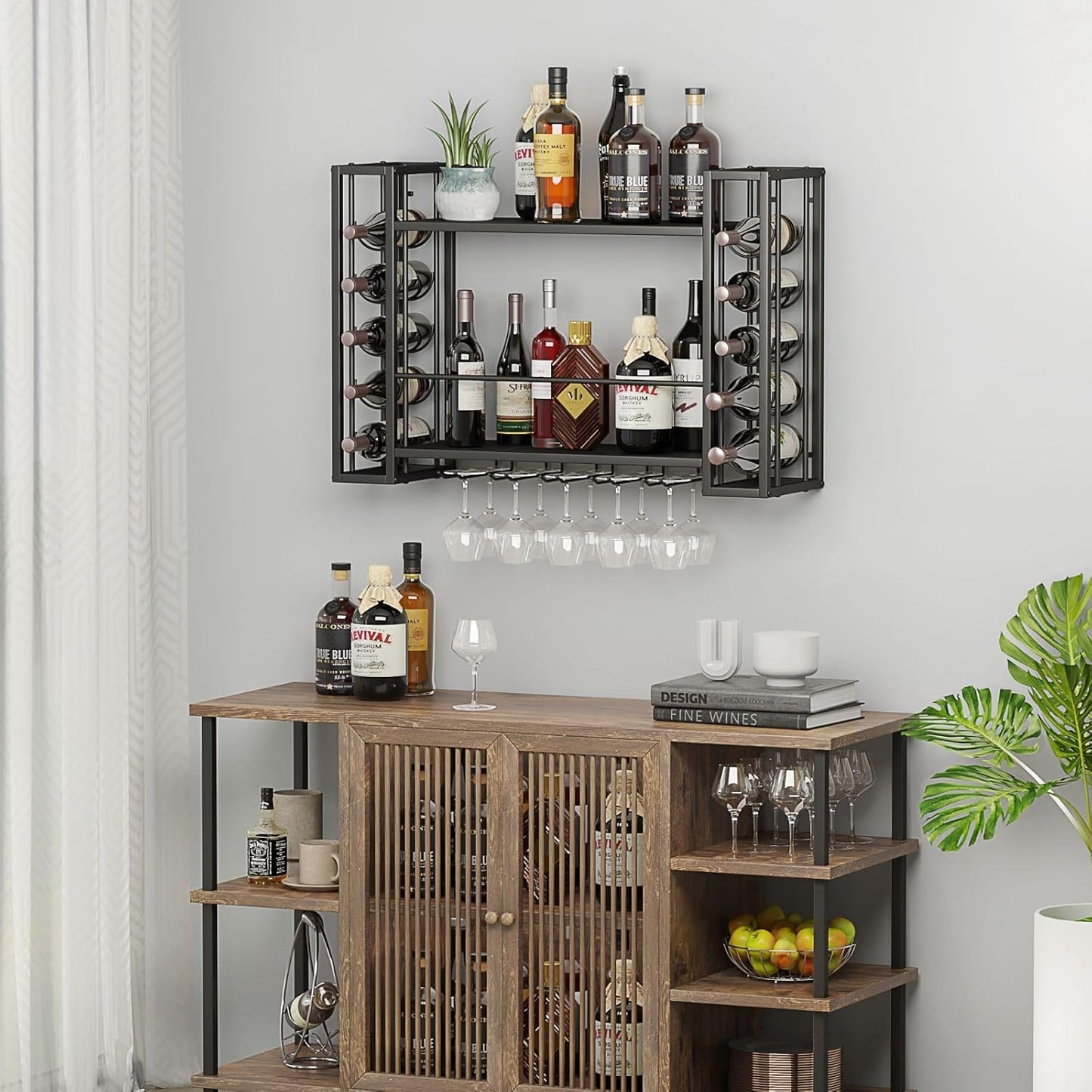 Wall Mounted Wine Rack, Wine Rack Wall Mounted with Wine Glass Rack, 2-Tier Multi-Functional Shelf for Home Restaurant Bar Storage Rack,Black