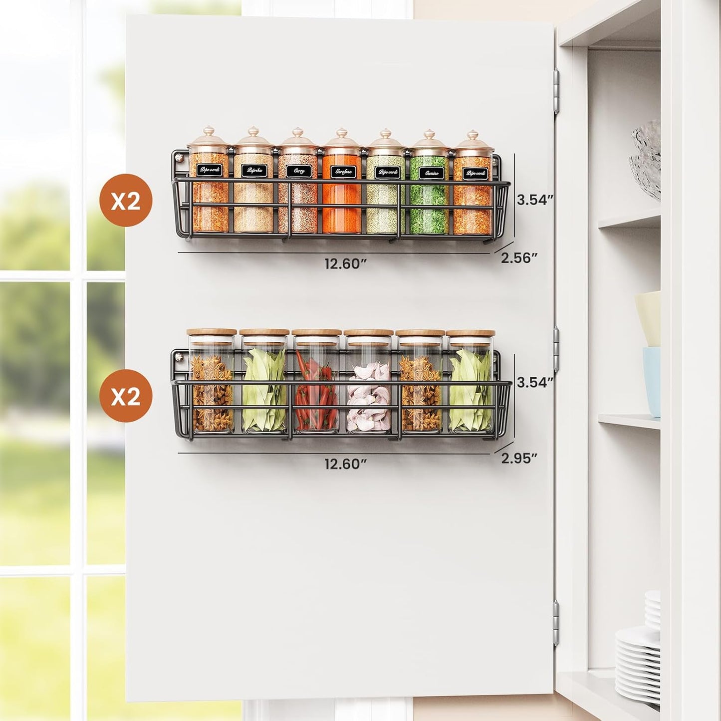 Spice Rack Organizer Wall Mount, Hanging Spice Pantry Storage Shelf Organization, 4 Pack Space Saving Seasoning Organizer for Kitchen Cabinet, Door or Bathroom, Black