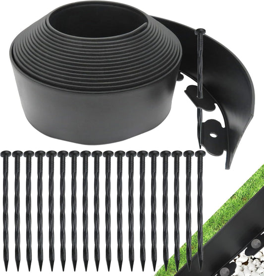 Landscape Edging Border, Plastic Edging for Landscaping, Garden Edging Border,Lawn Edging,Garden Borders,Flower Bed Edging no dig,Rubberific Landscape Edging, (Plastic Stakes, Black-33Feet-Tall Wall)