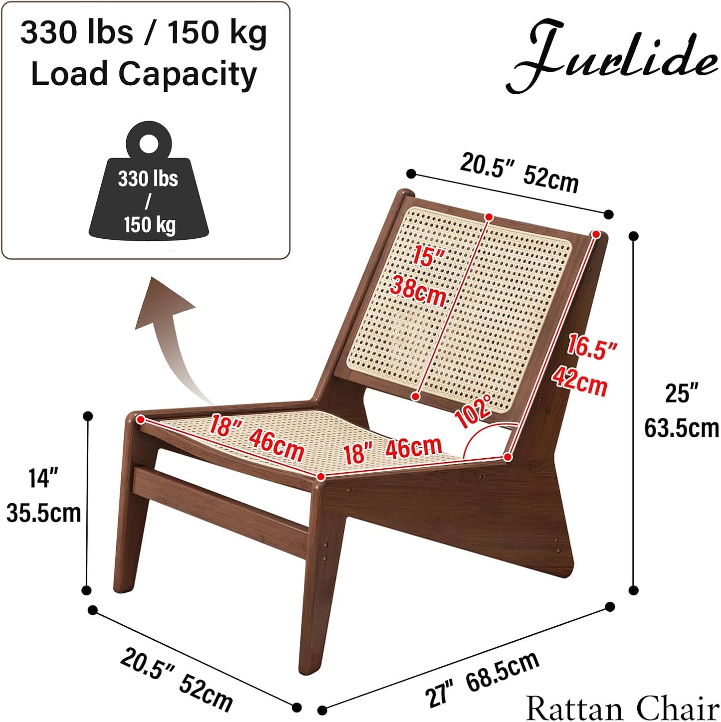 Mid-Century Accent Chair, Rattan Lounge Chair for Living Room, Boho Side Corner Comfy Chair for Bedroom and Balcony, Walnut