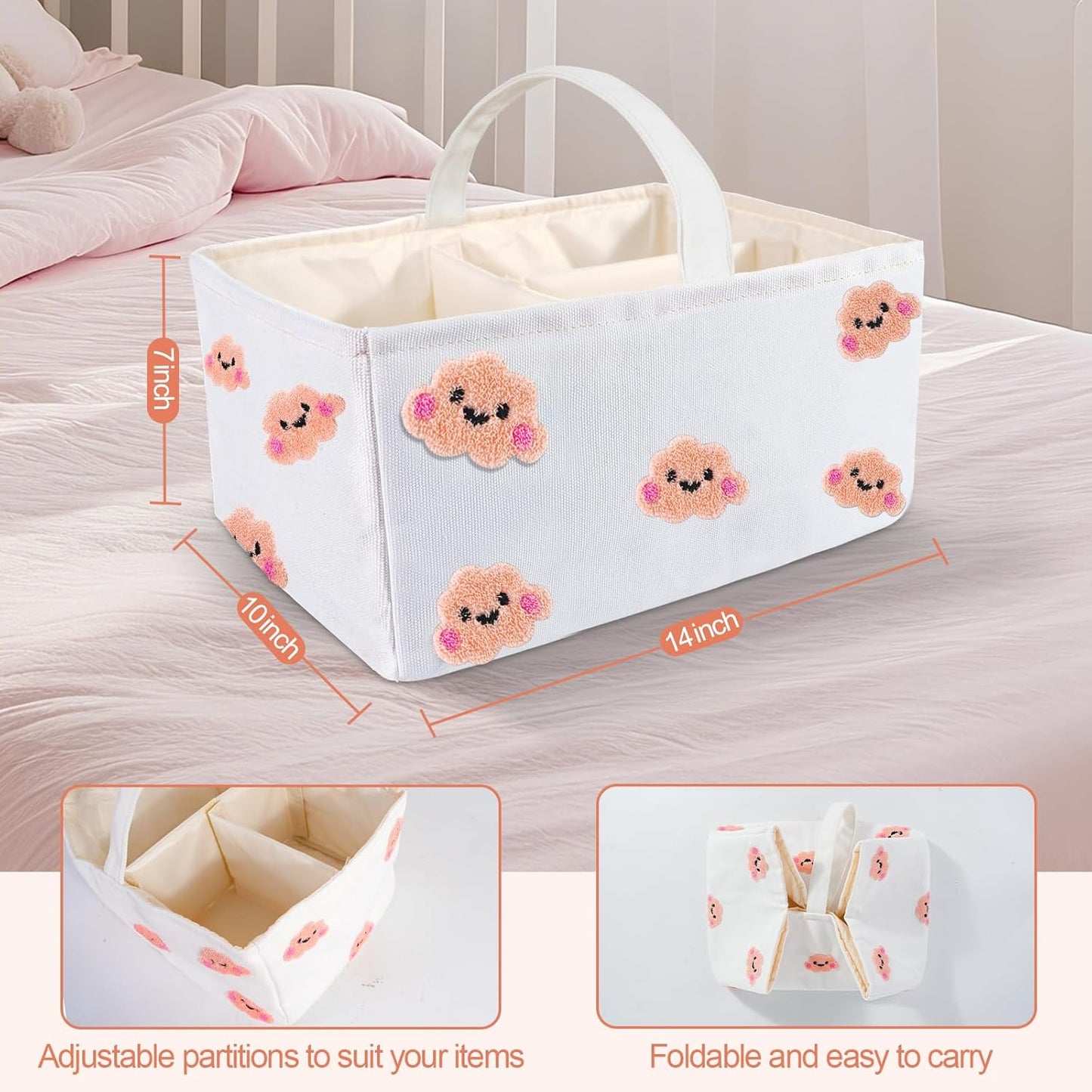 Baby Diaper Caddy Organizer with Handle - Durable Canvas Storage Basket with Cloud Embroidery, Portable Nursery Organizer for Newborn Essentials, Diaper Travel Bag, Baby Shower Basket-Pink