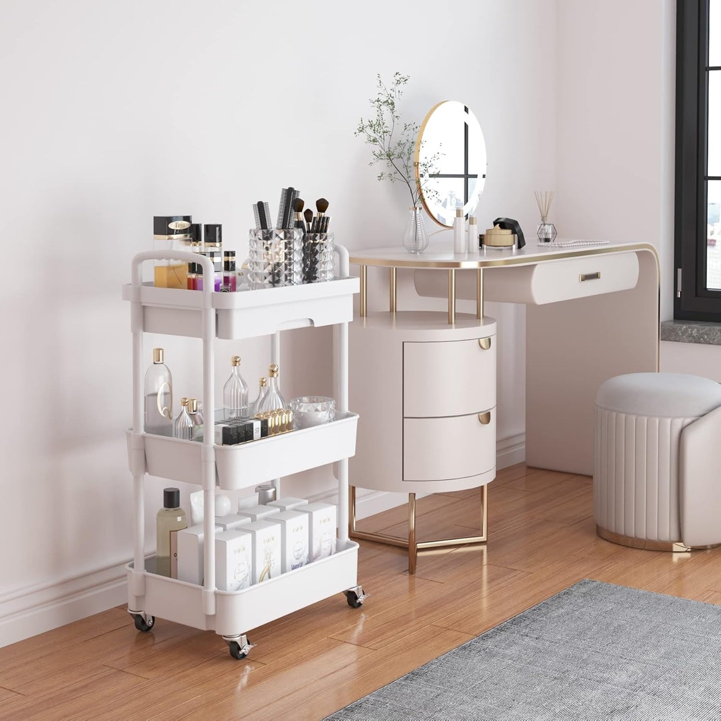 Calmootey 3-Tier Rolling Utility Cart with Drawer,Multifunctional Storage Organizer with Plastic Shelf & Metal Wheels,Storage Cart for Kitchen,Bathroom,Living Room,Office,White