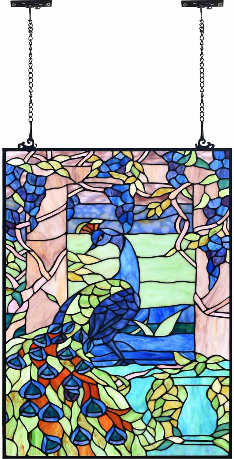 Bieye W10095 Peacock in Garden Tiffany Style Stained Glass Window Panel for Home Decor (Blue, 17.5Wx23.75H Rectangular)