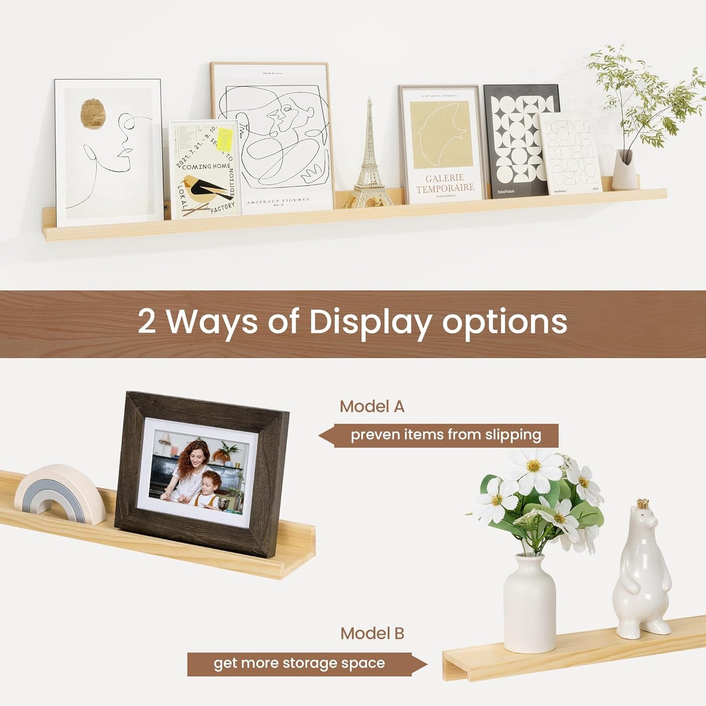 Picture Ledge Shelf, Solid Pine Wood Floating Shelves Set of 2, 48 Inches Nursery Book Shelves for Toys Storage, Kids Bookshelf Wall Mounted for Living Room Decor Photo Frames, Unfinished Natural