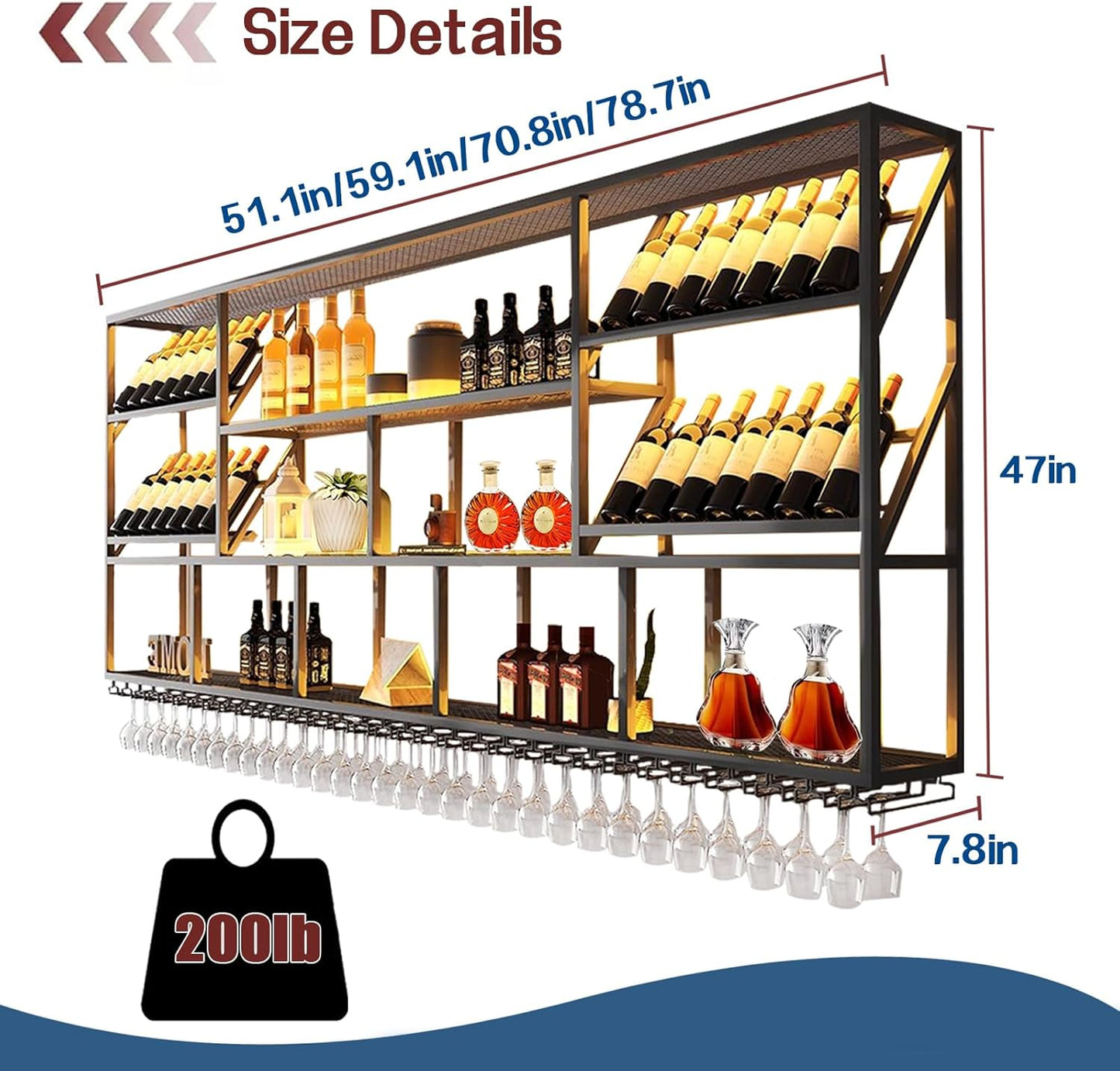 51Inch Wall Mounted Wine Rack, 3 Tiers Large Bar Shelves with 12 Glass Holder, Metal Wine Bottle Display Shelf, Modern Iron Liquor Shelf, for Kitchen Dining, Home Bar, Cellar (51.1" W)