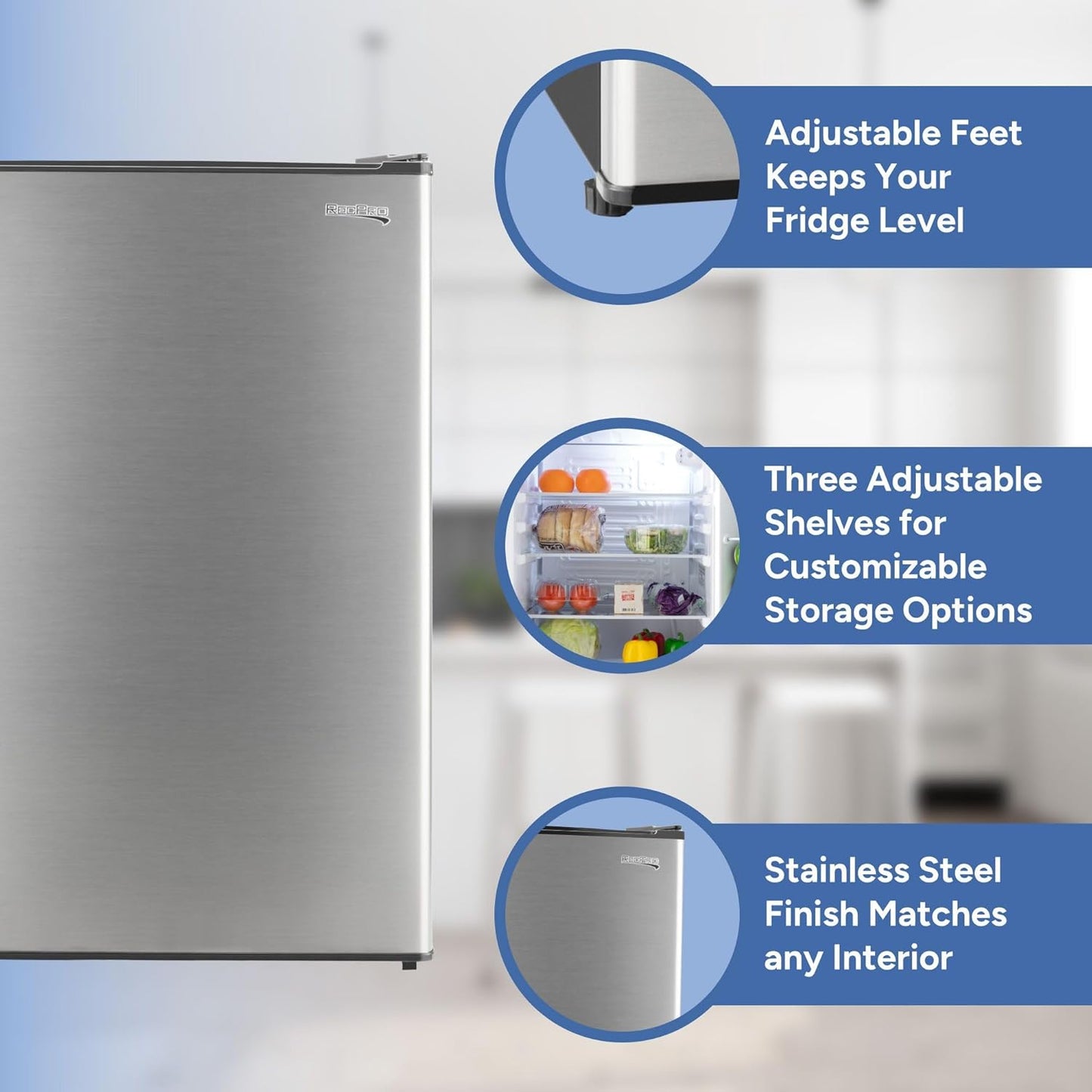RecPro 3.3 Cu Ft 12V RV Refrigerator | Stainless Steel Frost-Free Fridge with Can Holder | Compact Camper Fridge with Door Storage, 7 Temp Settings | 19”W x 19”D x 32.75”H