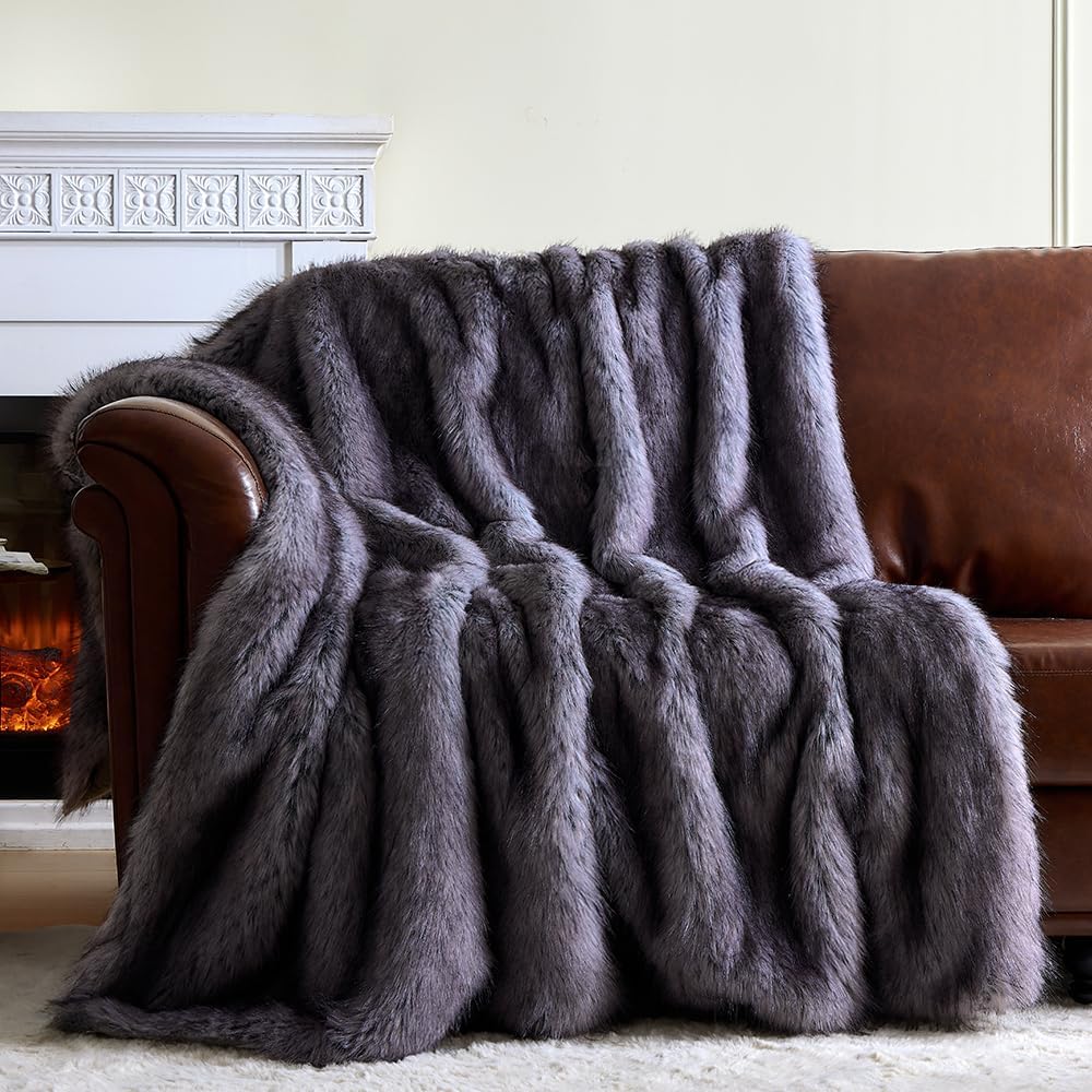 Fluffy Faux Fur Throw Blanket – Super Soft Warm Thick Plush Blanket for Bed, Couch & Office, Cozy Fuzzy Throw with Flannel Backing,50"x60", Grey