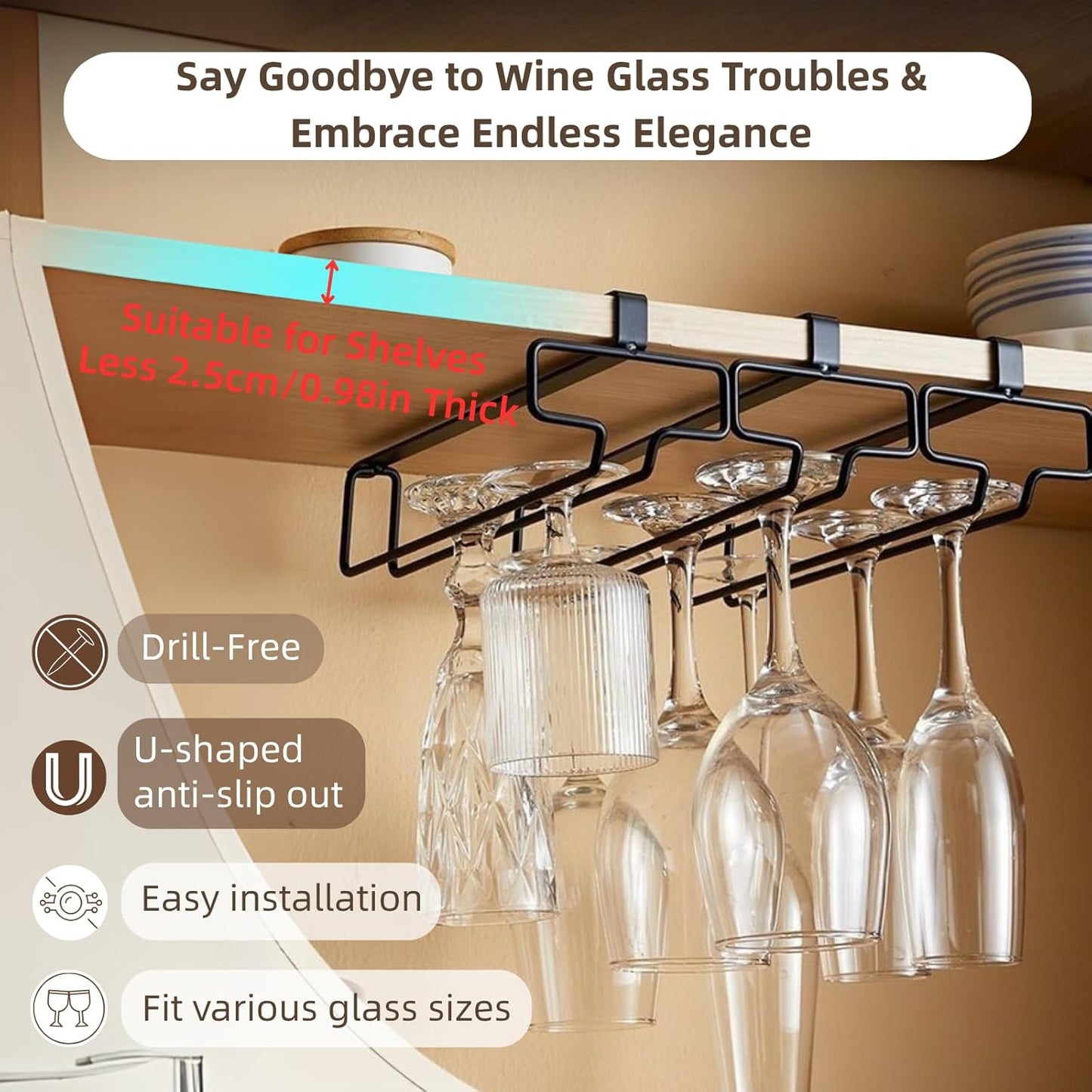 LINFIDITE Wine Glass Holder 2PCS Stemware Rack Hanger Under Cabinet Wine Glass Rack Kitchen Hanging Storage Rack Organizer,Black
