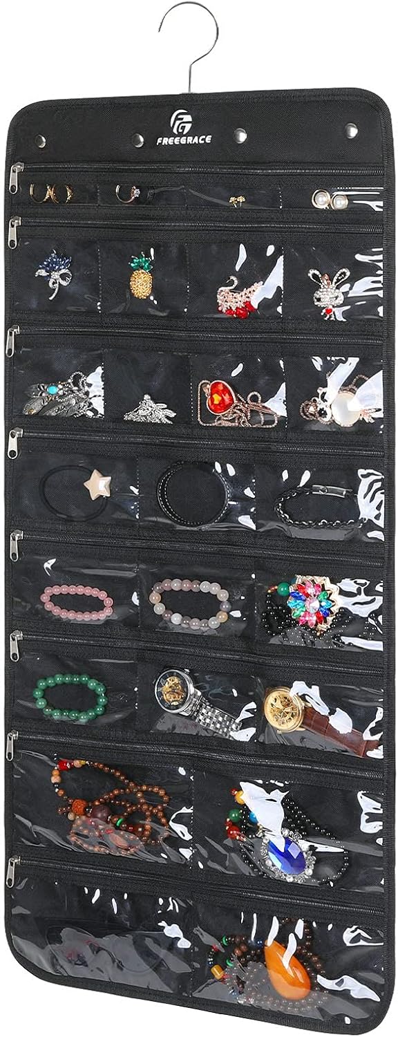 Freegrace Hanging Jewelry Organizer Revolving Hanger - Secure Zipper Closure - 50 Pockets - Foldable Storage & Display Solution - for All Jewelry & Bijoux (Black)