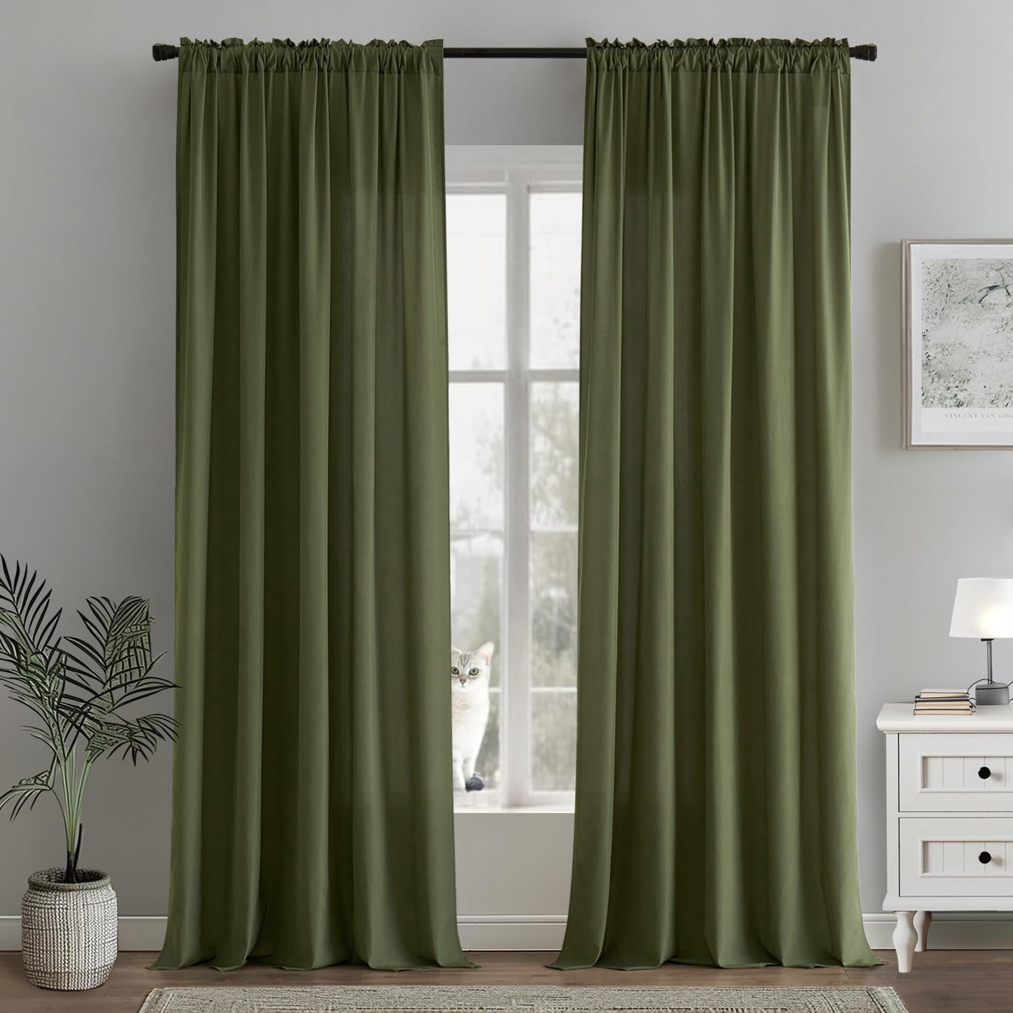MIULEE Olive Green Privacy Sheer Curtains That Let Light in 96 Inches Long Non-See-Through Semi Sheer Curtain Light Filtering Window Curtains Drapes for Living Room Bedroom 2 Panels Set 42 X 96