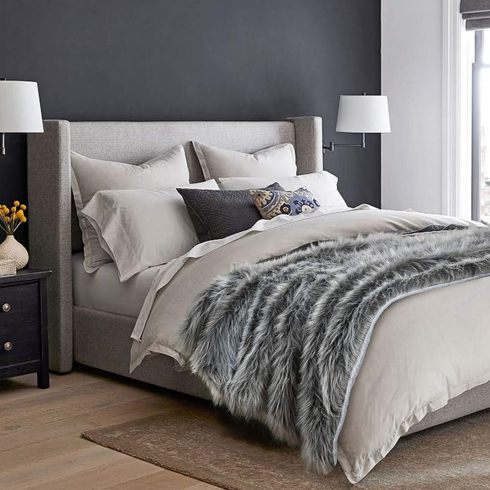 Luxury Faux Fur Throw Blanket, Grey and Black High Pile Mixed Throw Blanket, Super Warm, Fuzzy, Elegant, Fluffy Decoration Blanket Scarf for Sofa, Couch and Bed, 60''x 80''