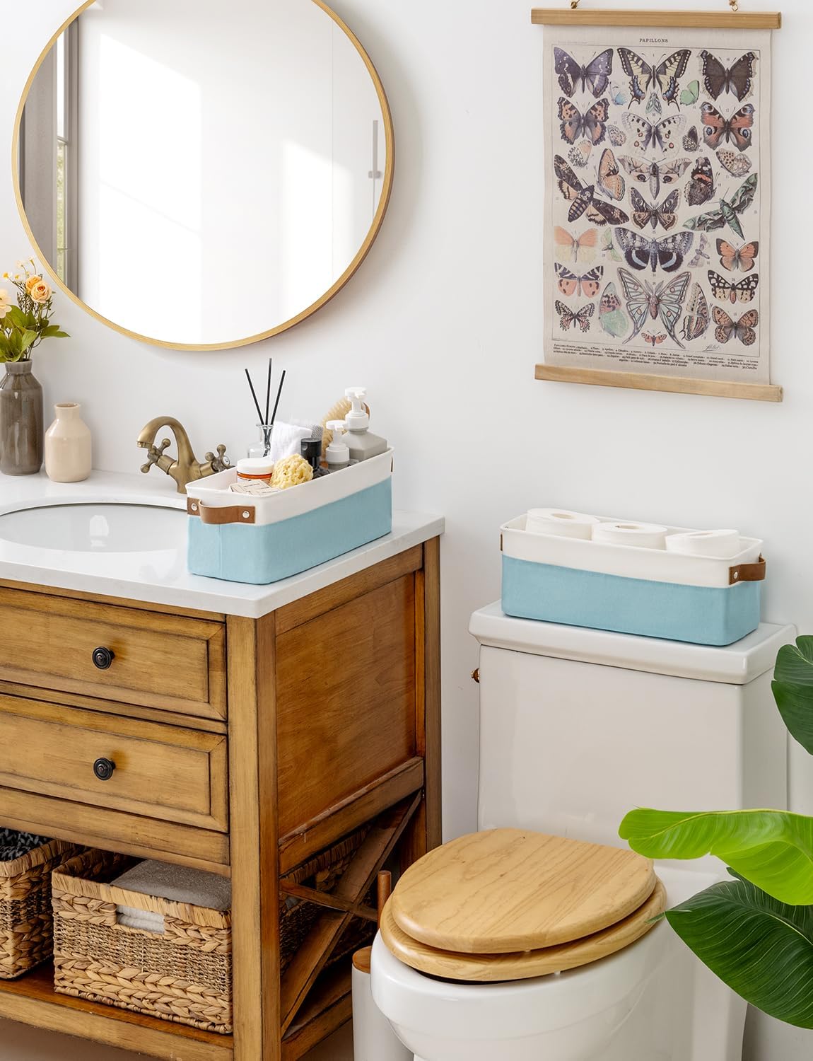 StorageWorks Narrow Storage Bins, Small Basket for Closet and Shelves, Fabric Organizer with Handles, Toilet Paper Storage, Light Blue and White, 2-Pack