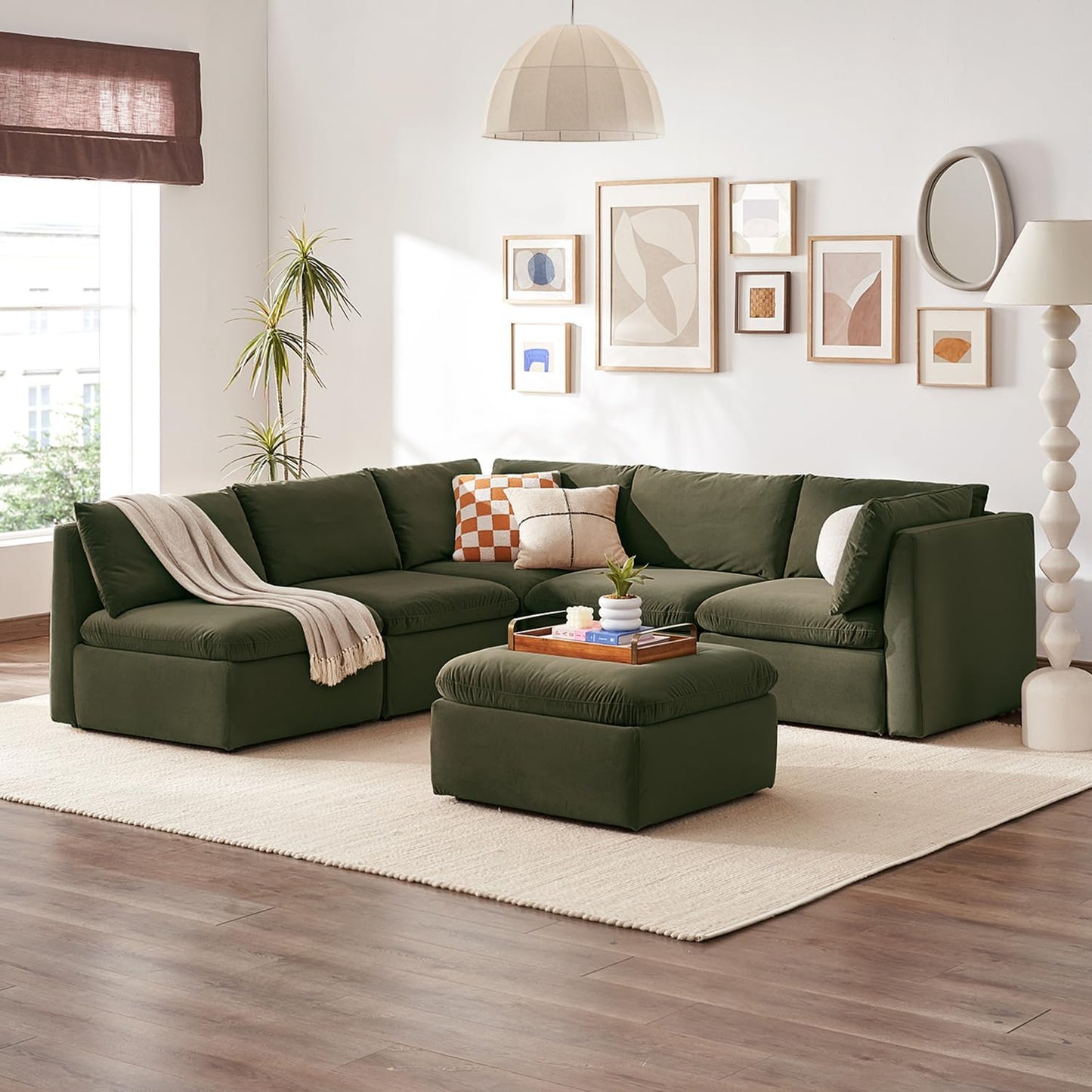 mopio Oversized Modular Sectional Sofa with Fully Removable Covers and Storage, Convertible U, L-Shaped and Sleeper Sectional, Modern Couches with Ottoman Chaise (Olive Green Velvet, 6 Seats, L)