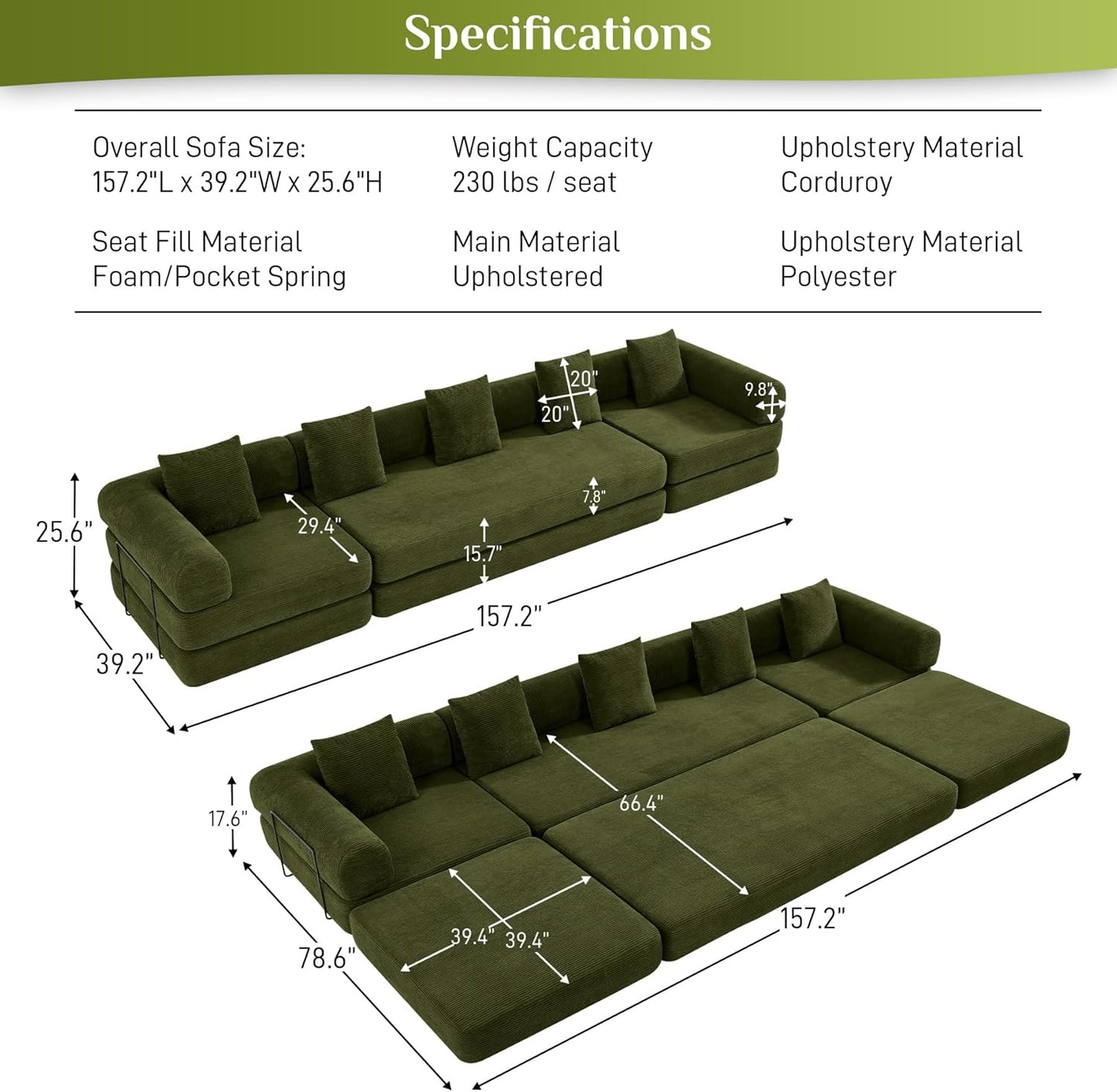 Convertible Sleeper Sofa Bed Set with Pillow, 4-in-1 Corduroy Folding Mattress Boneless Couch with Fixed-Shape Frame, Fold Out Floor Sofa Cama Lounge Couch for Living Room, Olive Green