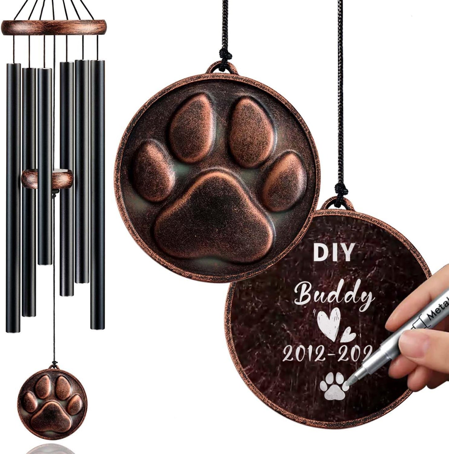 Dog Memorial Gifts, 34" Pet Memorial Wind Chimes for Loss of Dogs, Pet Loss Passing Away Remembrance Sympathy Bereavement Gift, DogPaw Vintage Wind Chime for Outside (DIY 34" Pet Memorial)