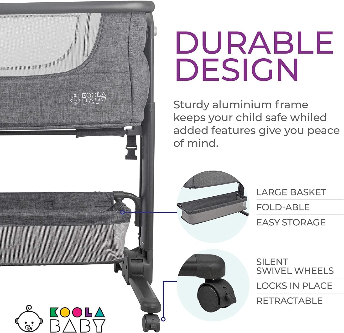 KoolerThings Baby Bassinet, Bedside Sleeper for Baby, Easy Folding Portable Crib with Storage Basket for Newborn, Bedside Bassinet, Comfy Mattress/Travel Bag Included (Bassinet) (Grey)