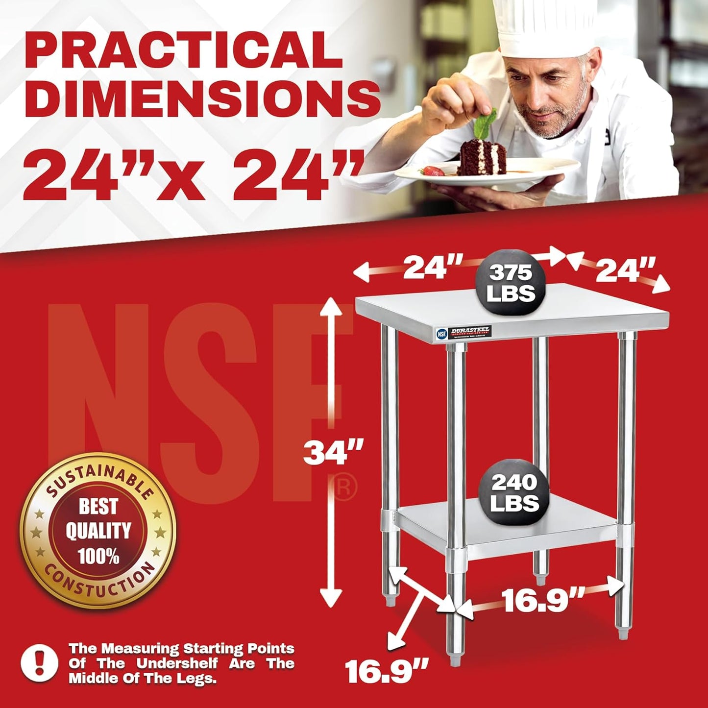 DuraSteel 24x24 Stainless Steel Prep Table - NSF Commercial Outdoor Grill Worktable - Metal Side Mixer Stand with Under Shelf - For Laundry Room, Kitchen, Small Spaces