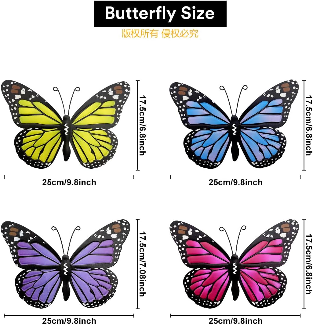 Metal Butterfly Outdoor Decor - 4 Pack 9.8in Butterflies Wall Sculpture Hanging Decor for Outside Home Yard Patio Fence Garden Decorations