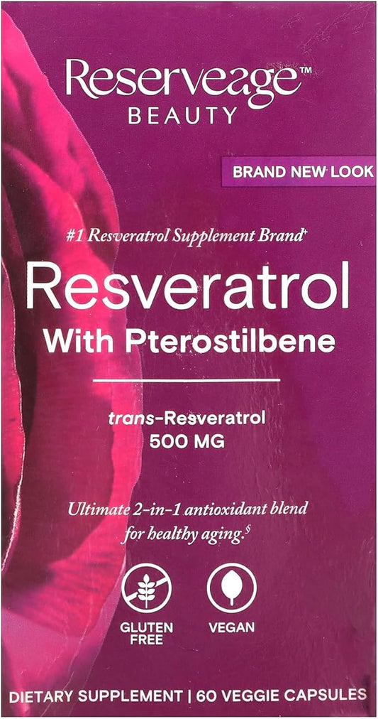 Reserveage Beauty, Resveratrol 500 mg with Pterostilbene, Antioxidant Supplement for Immune Support & Heart Health, Supports Healthy Aging, Paleo, Keto, 60 Capsules (60 Servings)