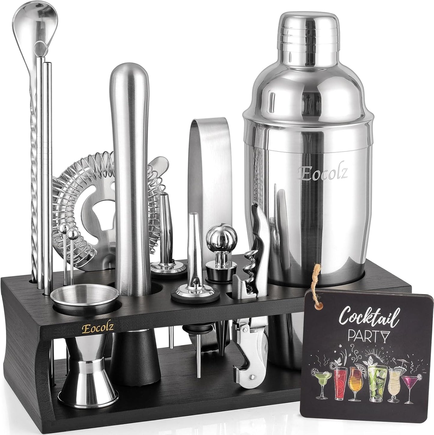 Bartender Kit Cocktail Shaker Set with Stand 17-Piece Bar Tool Bar Set for Drink Mixing Home Bartending Kit Bar Cart Accessories: Martini Shaker, Mixer Spoon, Jigger, Muddler, Strainer & Recipes Gifts