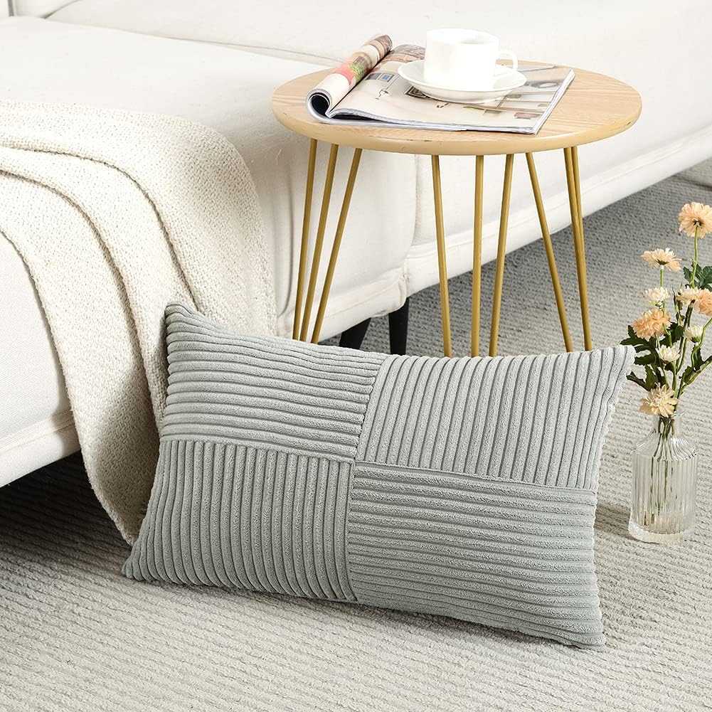 Fancy Homi 2 Packs Grey Lumbar Decorative Throw Pillow Covers 12x20 Inch for Living Room Couch Bed Sofa, Rustic Farmhouse Boho Home Decor, Soft Striped Corduroy Rectangle Accent Cushion Case 30x50 cm