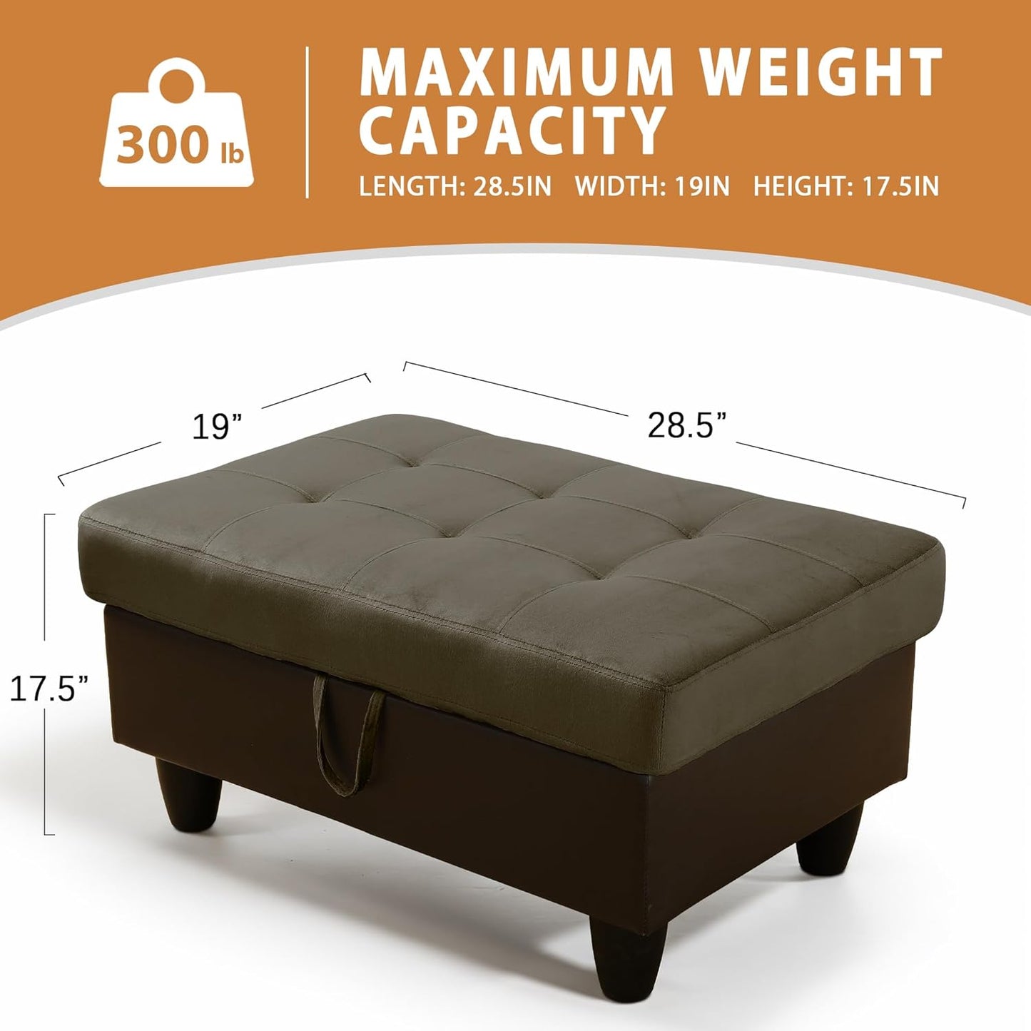 Ottoman Rectangular Storage Ottoman Bench, Flannel Footrest Stool Footstool with Lid for Living Room, Bedroom, Entryway, Taupe&Black, 35"x23.5"x17.5"