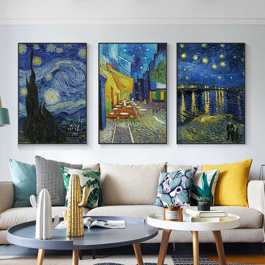 ARTFEB 3 Piece Canvas Wall Art,Classic Van Gogh Artwork Painting Reproduction,Starry Night Over The Rhone Cafe Terrace At Night Giclee Canvas Prints Wall Art for Home Office Decor(Blue, 16" X 24" X 3