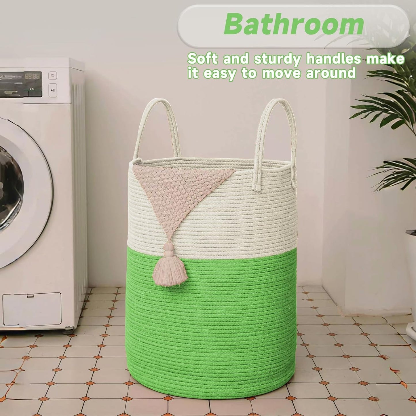 Large Woven Laundry Basket Hamper,100L Cotton Rope Storage Bin for Blankets,Toys and Clothes,Decorative Tall Nursery Hamper for Living Room,Baby Nursery,Bathroom and Bedroom,Light Green