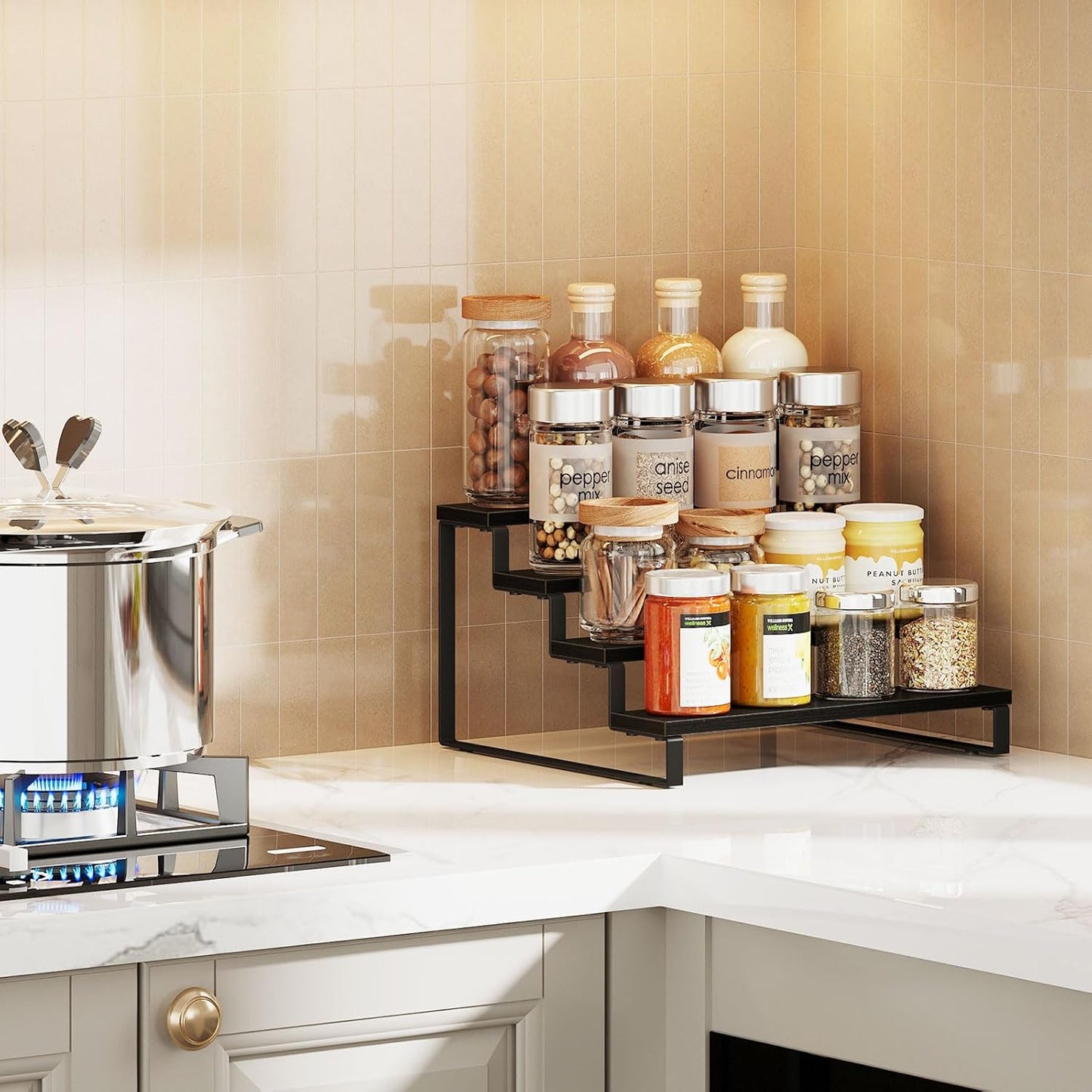 Giikin 4 Tier Spice Rack, Cabinet Organizer Shelf, Wooden Spice Rack for Countertop, Kitchen Counter Storage Shelves Cupcake Stand Holder Display Stand, Black