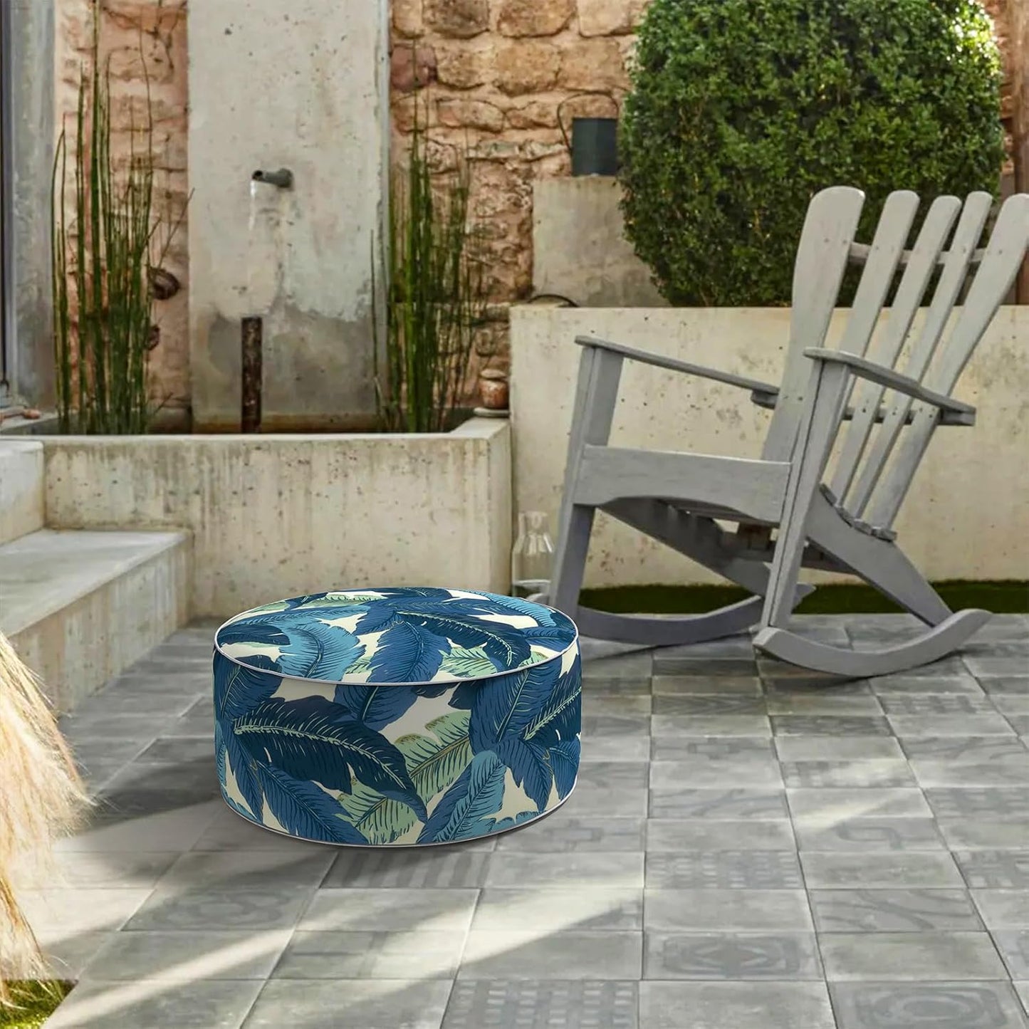 LVTXIII Inflatable Stool Ottoman Footrest with Handle, All Weather Foot Rest, Indoor or Outdoor Use for Home Patio Garden and Camping, D21 x H9, Swaying Palms Blue