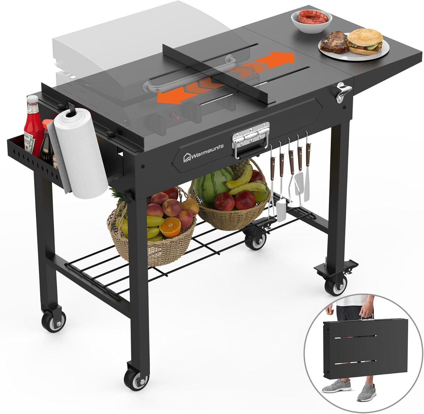 Grill Table for Outside, Portable Folding Grill Cart with Wheels and Adjustable Tabletop, 400 Lbs Weight Capacity, Movable Griddle Stand Fit 17'' or 22'' for Camping, BBQ, Cooking