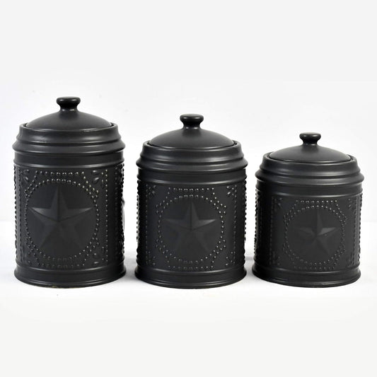 Set of 3 Black Unique Black Star Sealed Storage Canisters, 11"