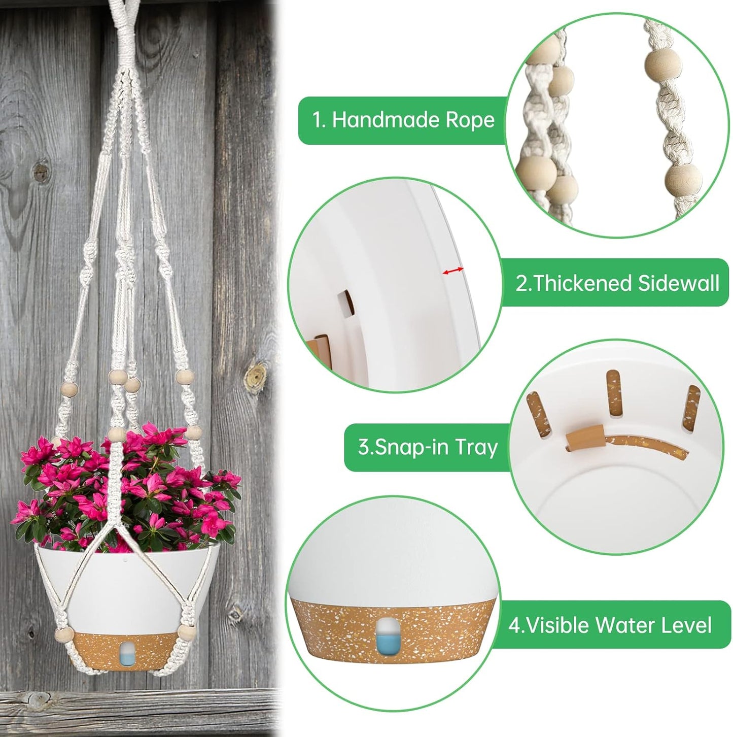 ZMTECH 2 Pack 10 Inch White Hanging Planters with Macrame Plant Hanger for Indoor and Outdoor Plants, Self Watering, Drainage Hole, Visible Level Tray