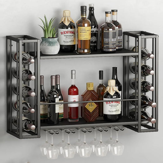 Wall Mounted Wine Rack, Wine Rack Wall Mounted with Wine Glass Rack, 2-Tier Multi-Functional Shelf for Home Restaurant Bar Storage Rack,Black