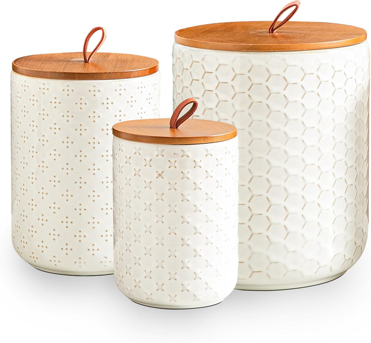 JOJUNO White Ceramic Canister Set with Wooden Lids – 3-Piece Airtight Food Storage Jars for Kitchen, Embossed Design, Small/Medium/Large Sizes (30/48/82 oz) – Flour, Sugar, Coffee, Tea Containers