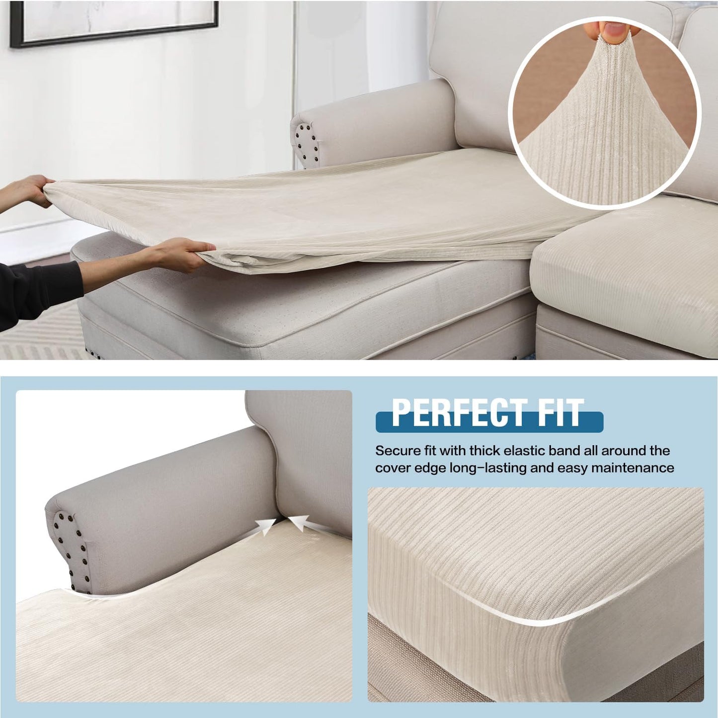 H.VERSAILTEX Velvet Stretch Sectional Couch Covers 3 Pieces, L Shape, Ivory Striped (Large Sofa 2 Seater + 1 Chaise)