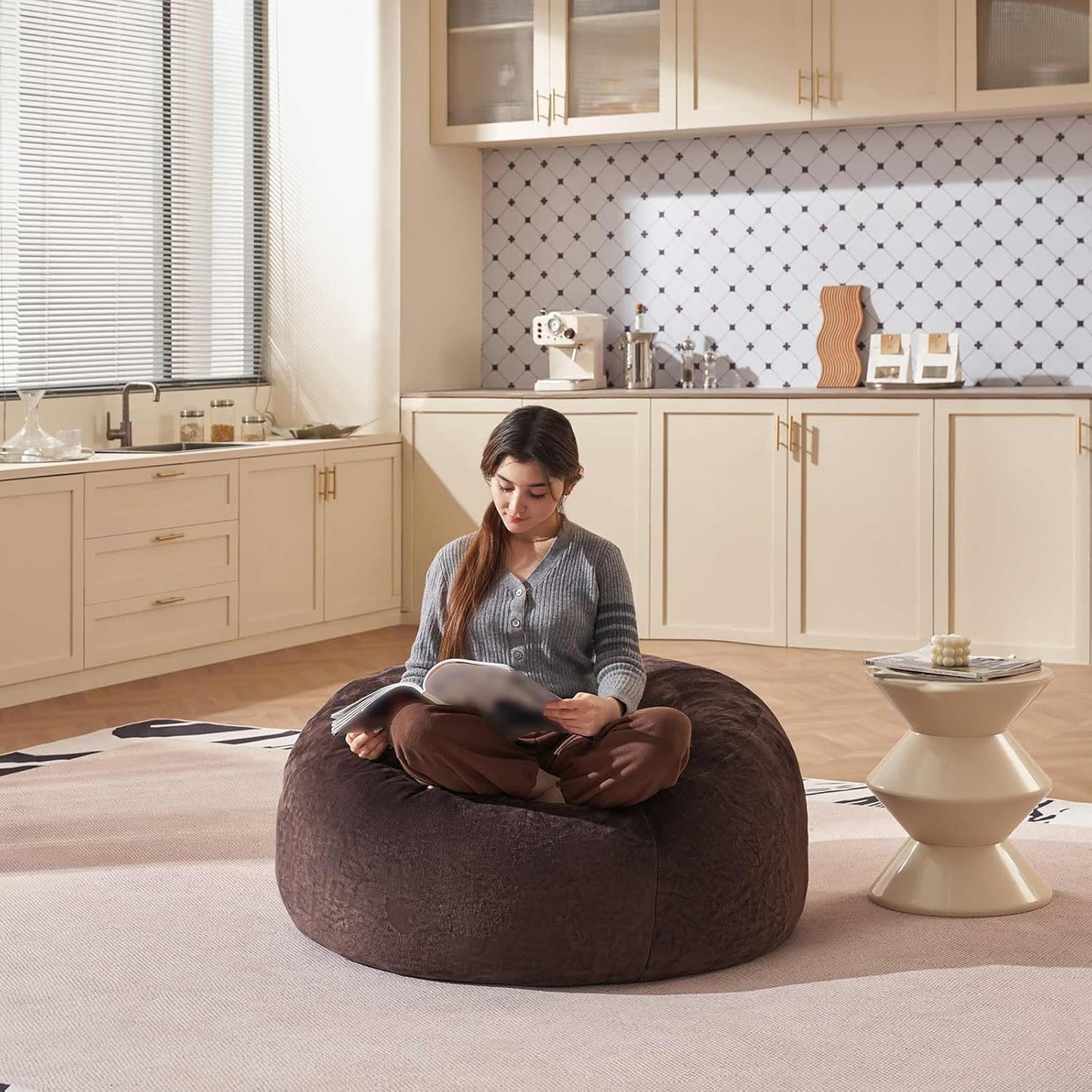 Bean Bag Chair 3Ft, Memory Foam Filled, Large Beanbag Chairs for Adults and Teens, Soft Sofa with Removable Flannel Cover, Round Couch for Living Room Bedroom College Dorm (Brown, 3FT-36×36"×24")