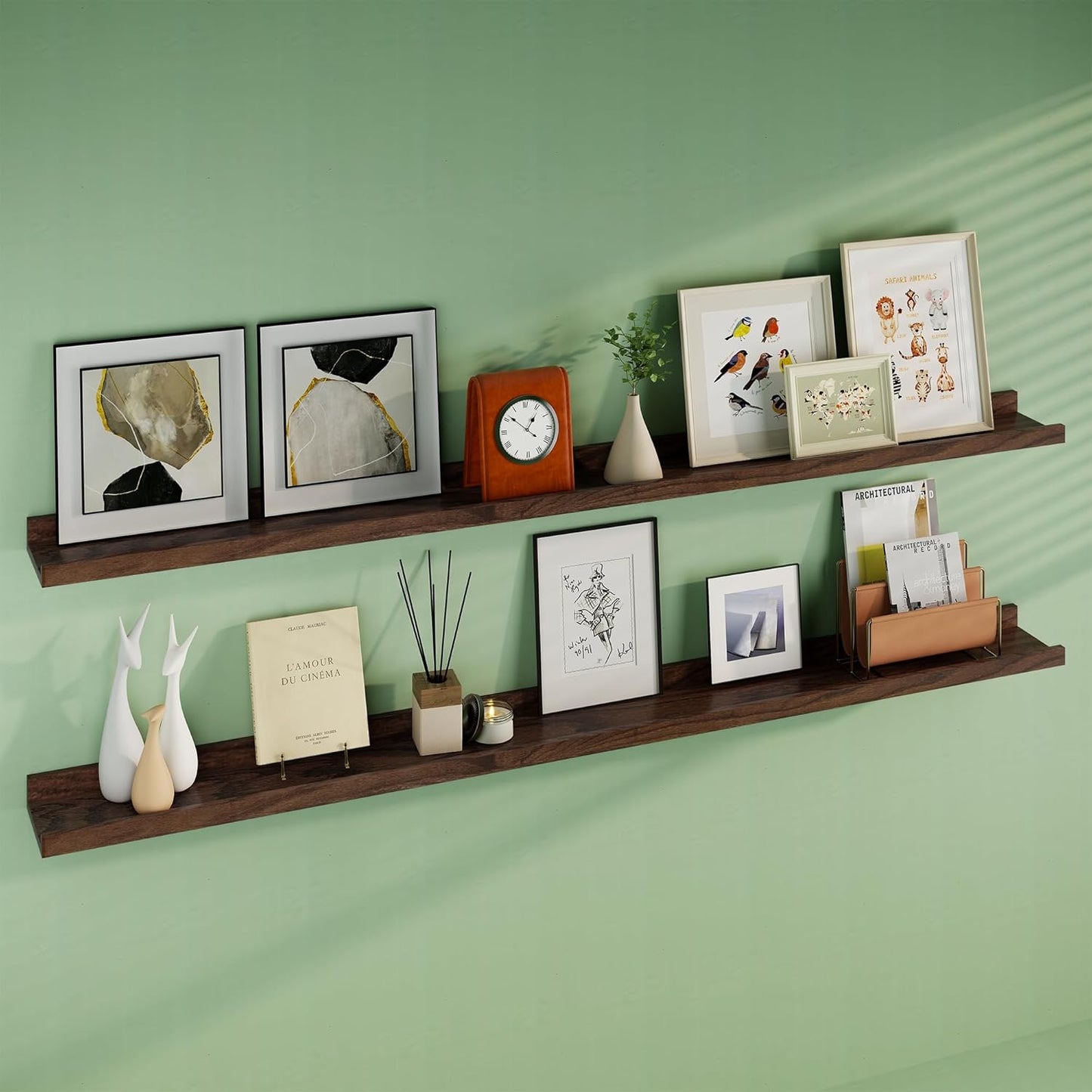 Floating Picture Ledge Shelves 72 Inch Solid Oak Wood Set of 2, Rustic Wall Storage Shelves with Lip, Kids Bookshelf, Photo & Picture Ledge Shelves for Bedroom, Living Room, Kitchen