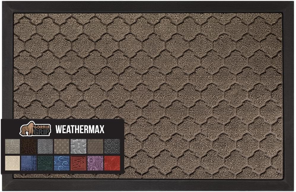 GORILLA GRIP 100% Waterproof All-Season WeatherMax Doormat, 60x24, US Designed Natural Rubber, Stain and Fade Resistant, Low Profile Indoor Outdoor Door Mats, Easy Clean Patio Mat, Latte Quatrefoil
