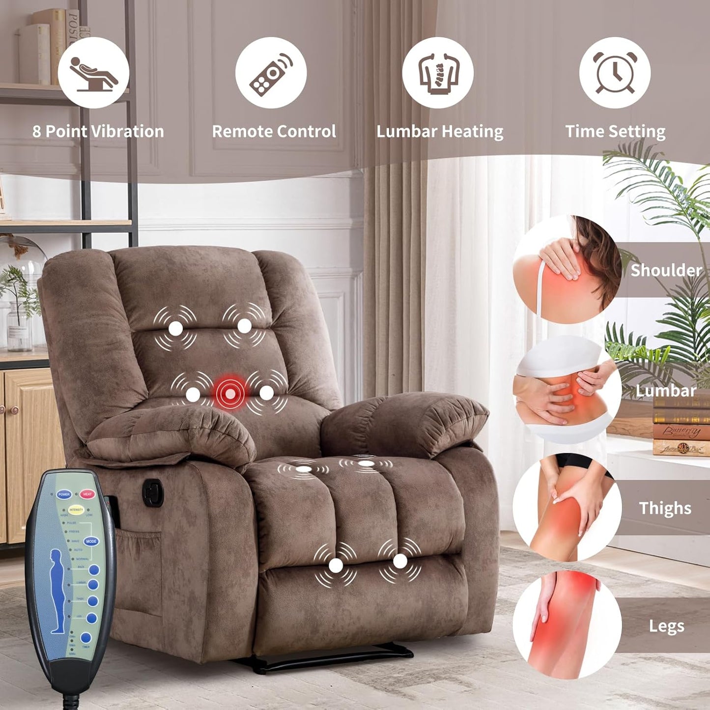 Massage Recliner Chair with Heat and Massage, Soft Fabric Ergonomic Manual Reclining Chairs, Heavy Duty Reclining Sofa Chair with Side Pockets for Living Room (Tan)