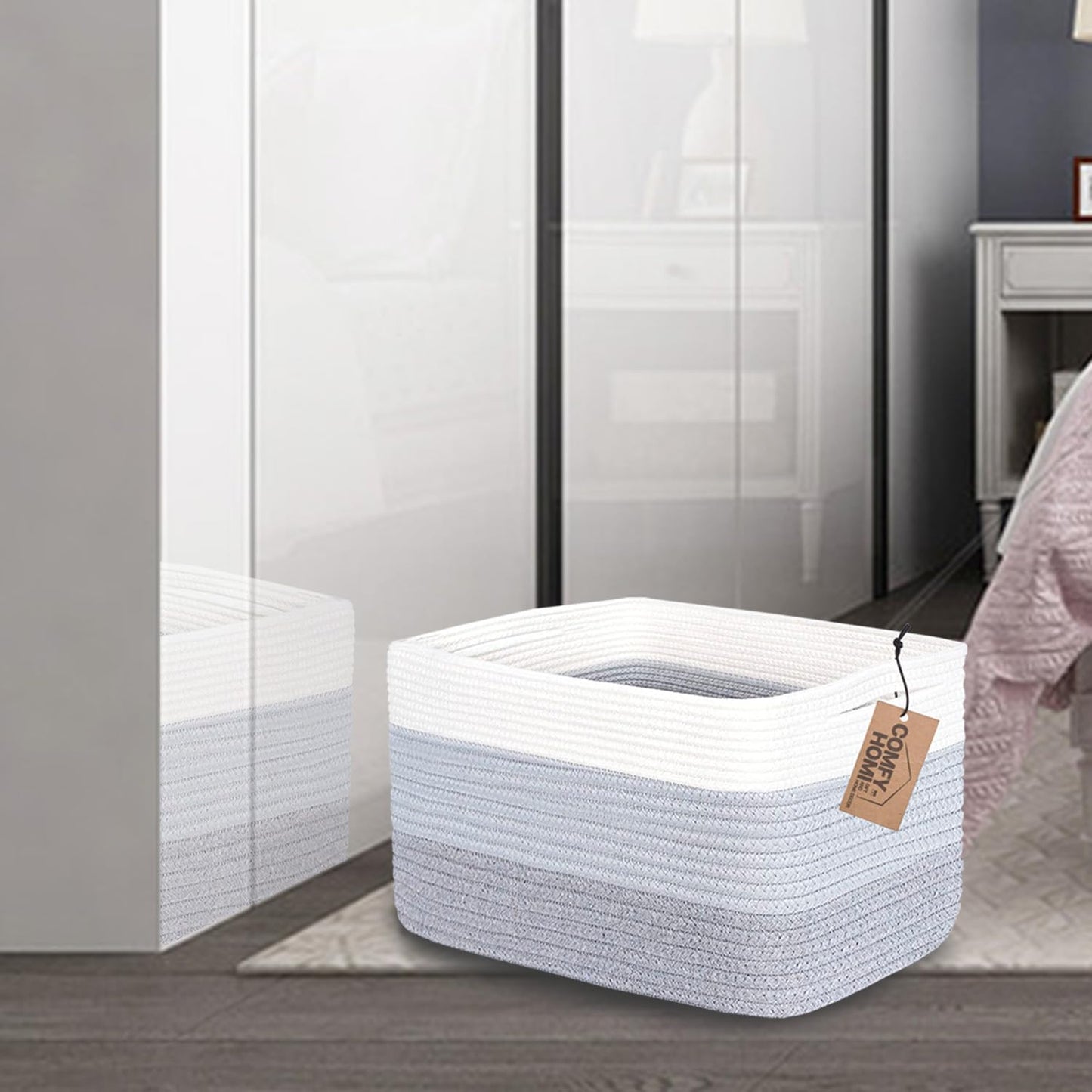 COMFY-HOMI Cotton Rope Woven Basket with Handles for Shelves,Toys,Book, Cloth Storage Baskets Bin for Organizing-13.5"x11"x9.5" Toy Decorative Organizer for Living Room, Bathroom-White/3Tone Grey