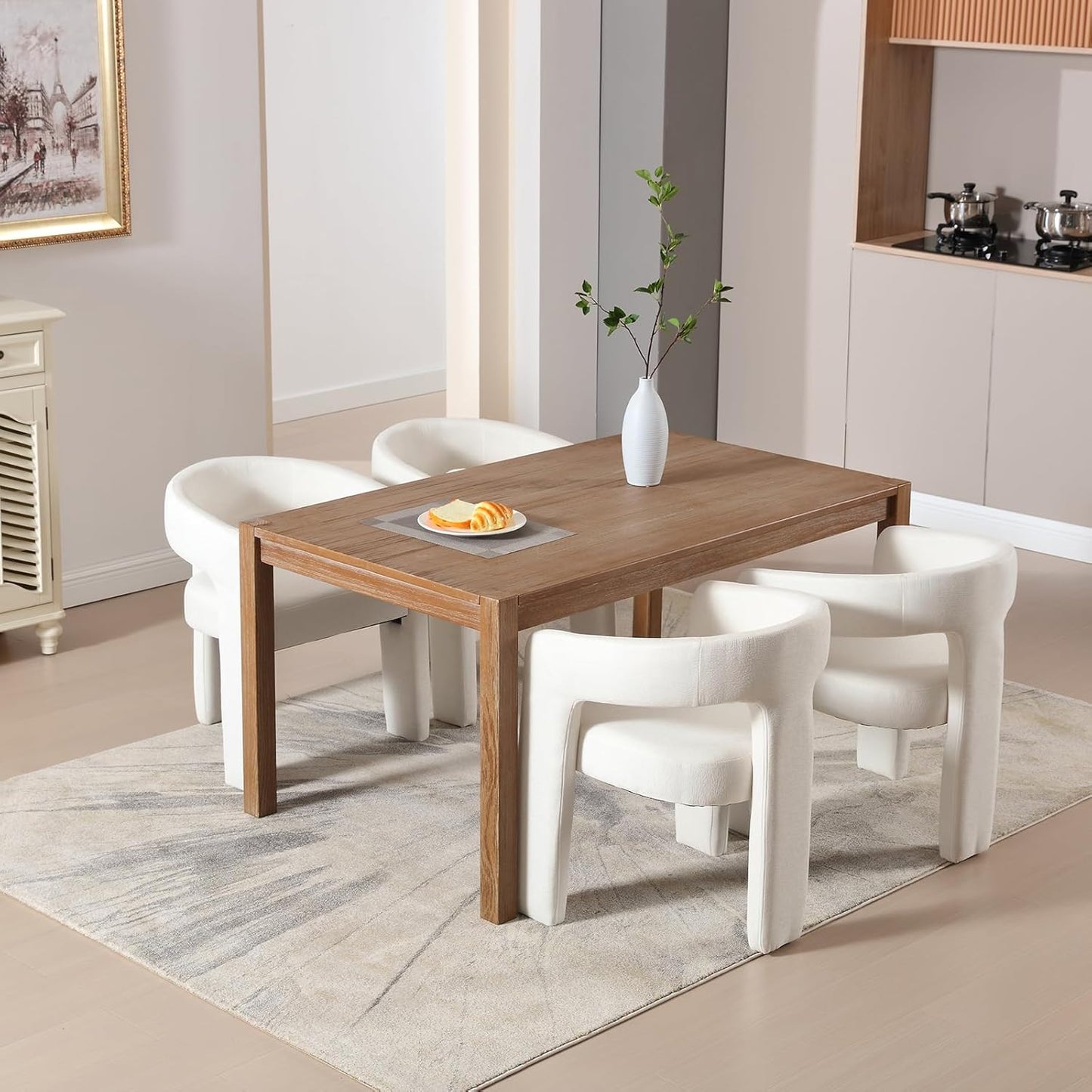 White Chenille Dining Chairs Set of 4, Modern Barrel Dining Room Chairs Upholstered Accent Chair with Arms and Round Back for Living Room Kitchen Armchair No Assembly Needed