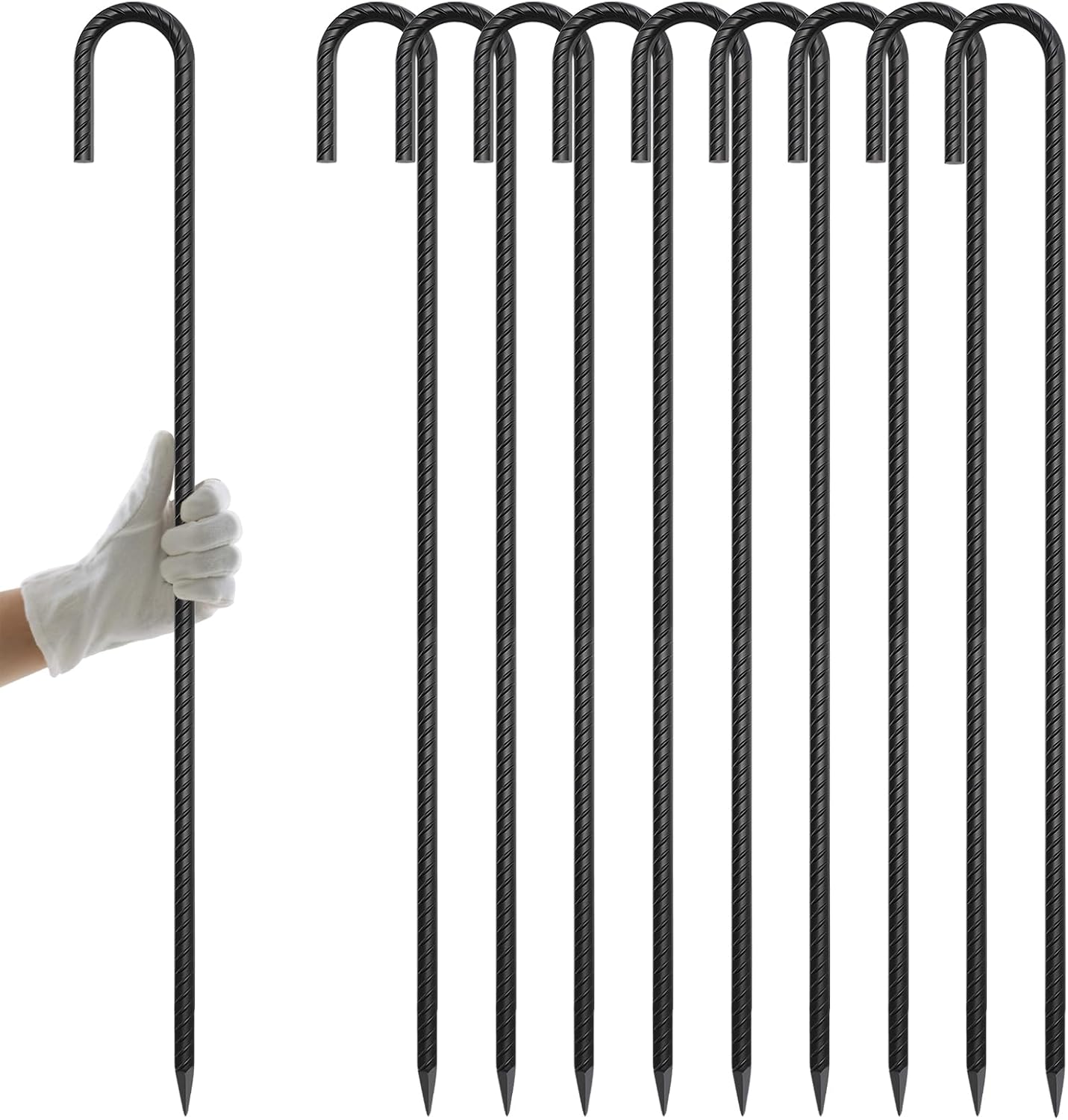AAGUT 36 Inches 10 Pack J Hook 1/2" Rebar Stakes Heavy Duty Tent Stakes with Chisel Point End, Steel Ground Anchors Metal Garden Stakes Chain Link Fence Stakes Black Coated