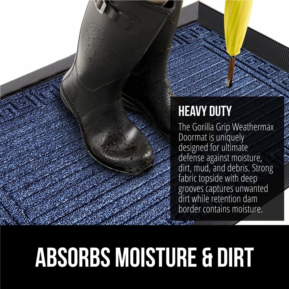 GORILLA GRIP 100% Waterproof All-Season WeatherMax Doormat, 47x35, US Designed Natural Rubber, Stain and Fade Resistant, Low Profile Indoor Outdoor Door Mats, Easy Clean Patio Mat, Navy Greek Keys