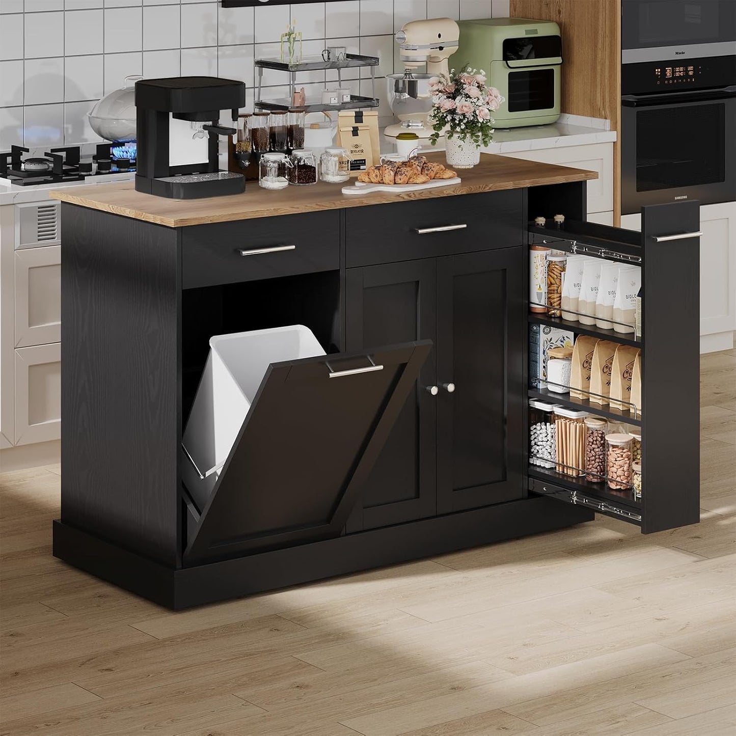 4 EVER WINNER Kichen Island with Storage,Rolling Kitchen Island Cart on Wheels,Mobile Island with Wooden Countertop for Kitchen,Black