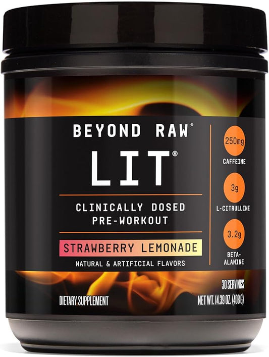 BEYOND RAW LIT | Clinically Dosed Pre-Workout Powder | Contains Caffeine, L-Citrulline, Beta-Alanine, and Nitric Oxide | Strawberry Lemonade | 30 Servings