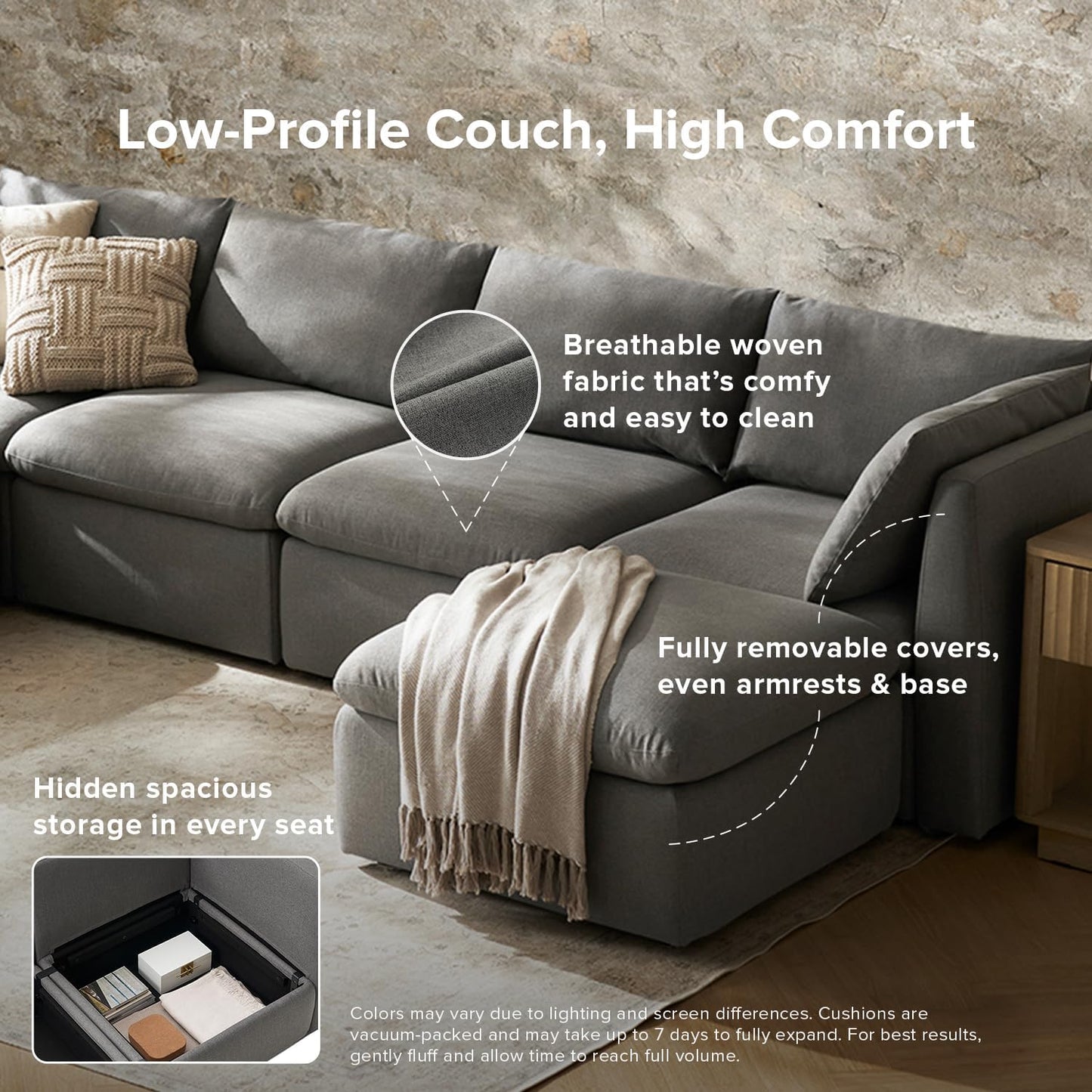 mopio Oversized Modular Sectional Sofa with Fully Removable Covers and Storage, Convertible U, L-Shaped and Sleeper Sectional, Modern Couches with Ottoman Chaise (Stone Gray Fabric, Loveseat)