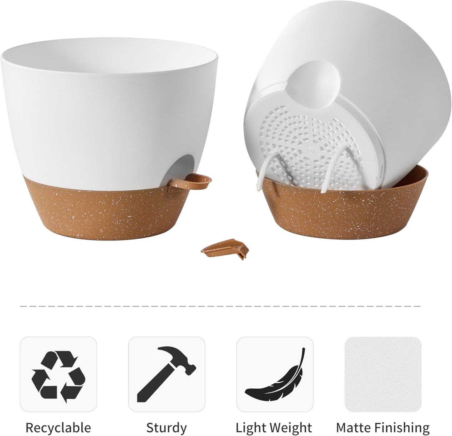 FaithLand 3-Pack Large Planter Pots, 12 10 9 Inch Self Watering Flower Pots for Indoor Outdoor Garden Plants, White with Brown